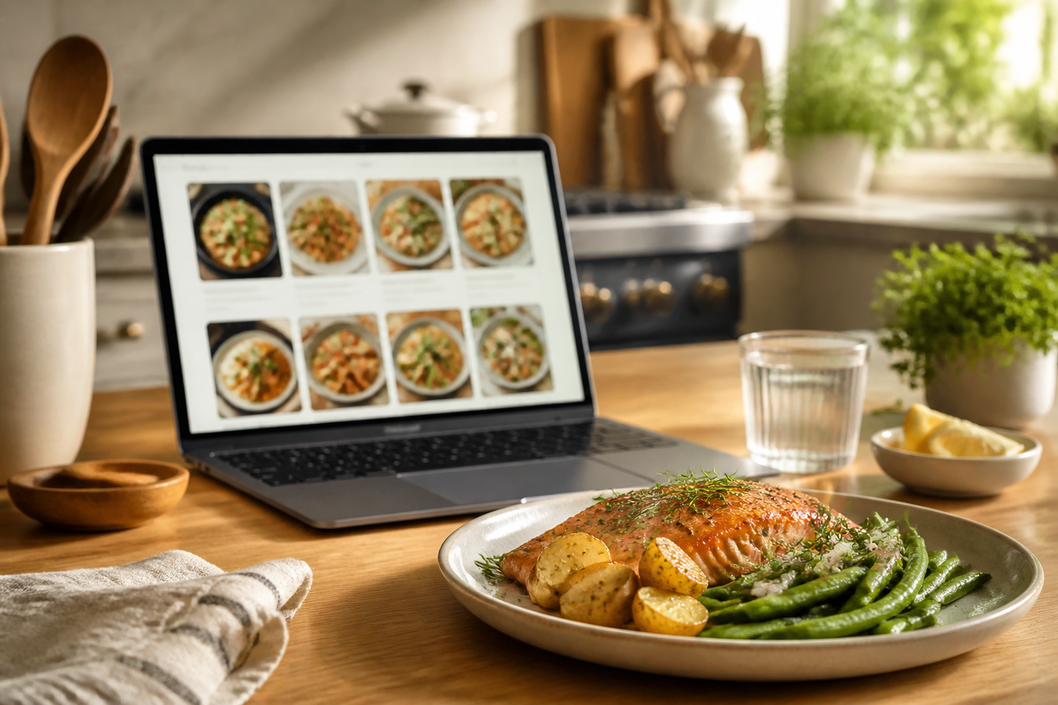 Laptop with a recipe website beside a plated dinner on a kitchen counter