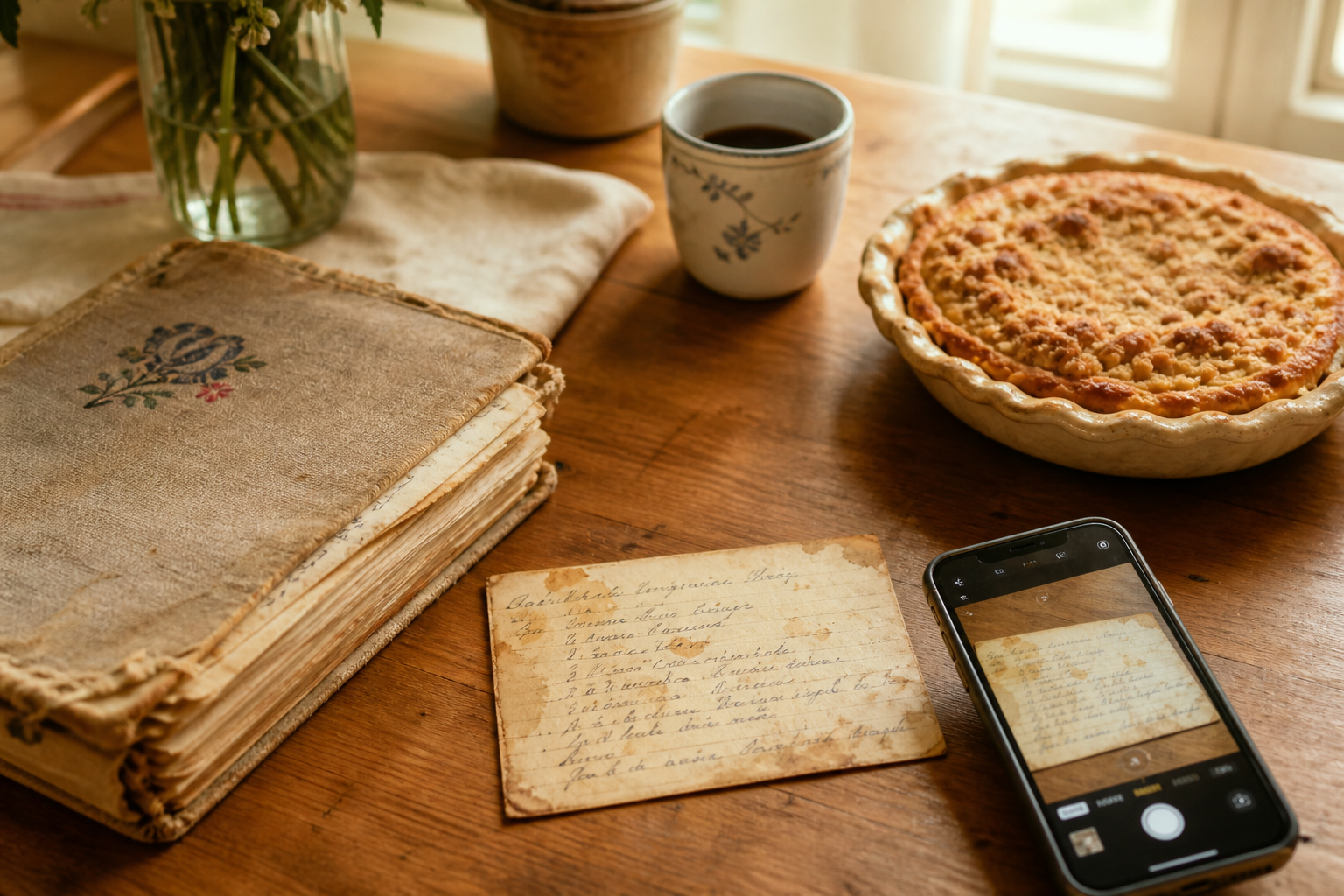 Handwritten family recipe card, cookbook, phone, and homemade pie on a kitchen table