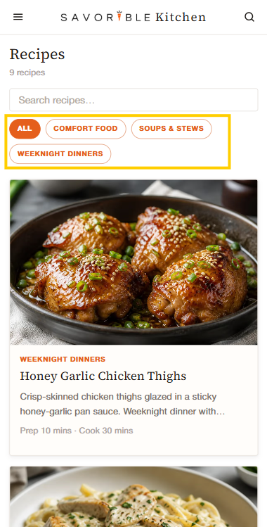 The Recipes page with tag pills under the search field. All is selected, beside Comfort Food, Soups & Stews, and Weeknight Dinners. A Honey Garlic Chicken Thighs card is labelled Weeknight Dinners.